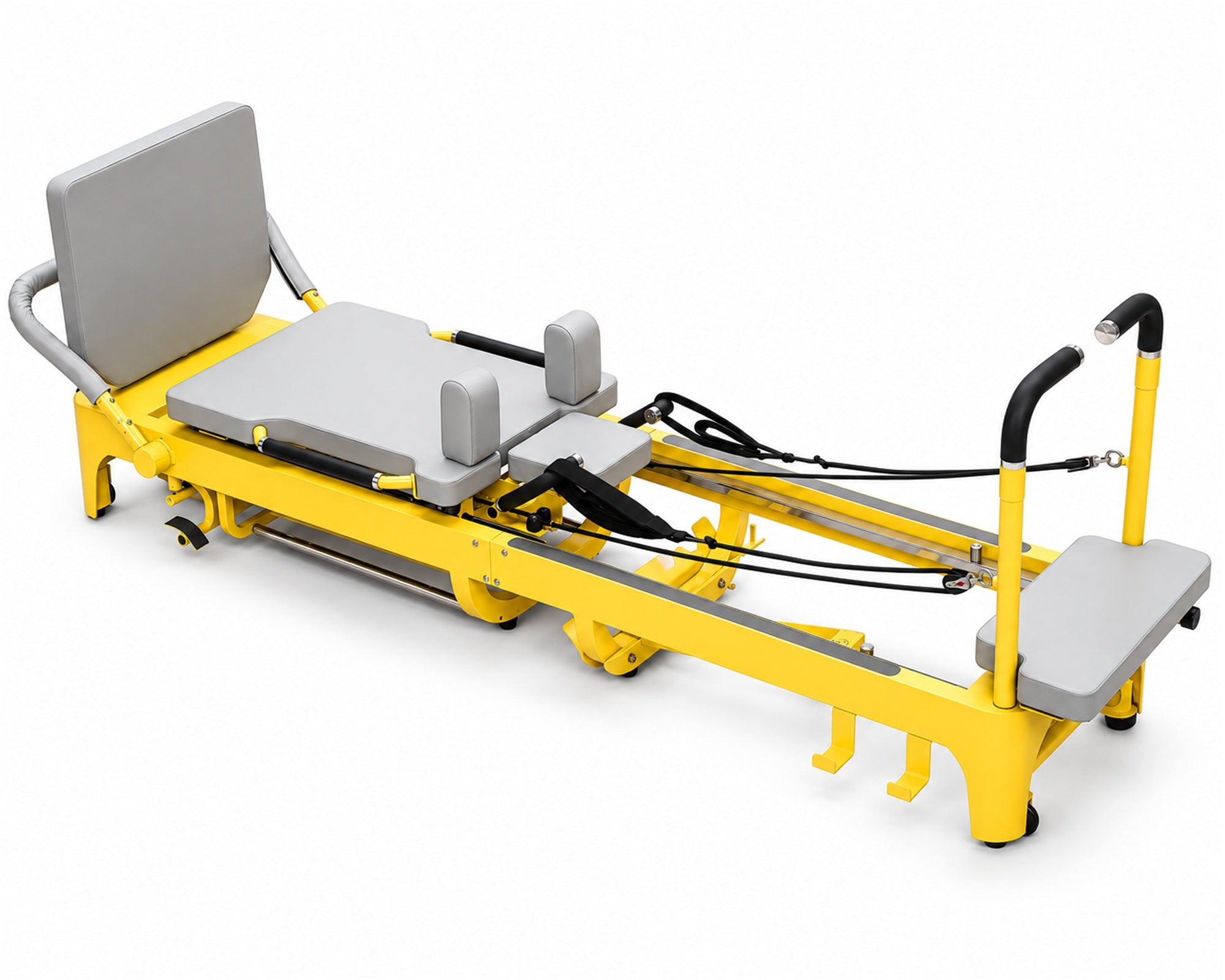 DZ178 commercial mega reformer with yellow iron frame and grey upholstery