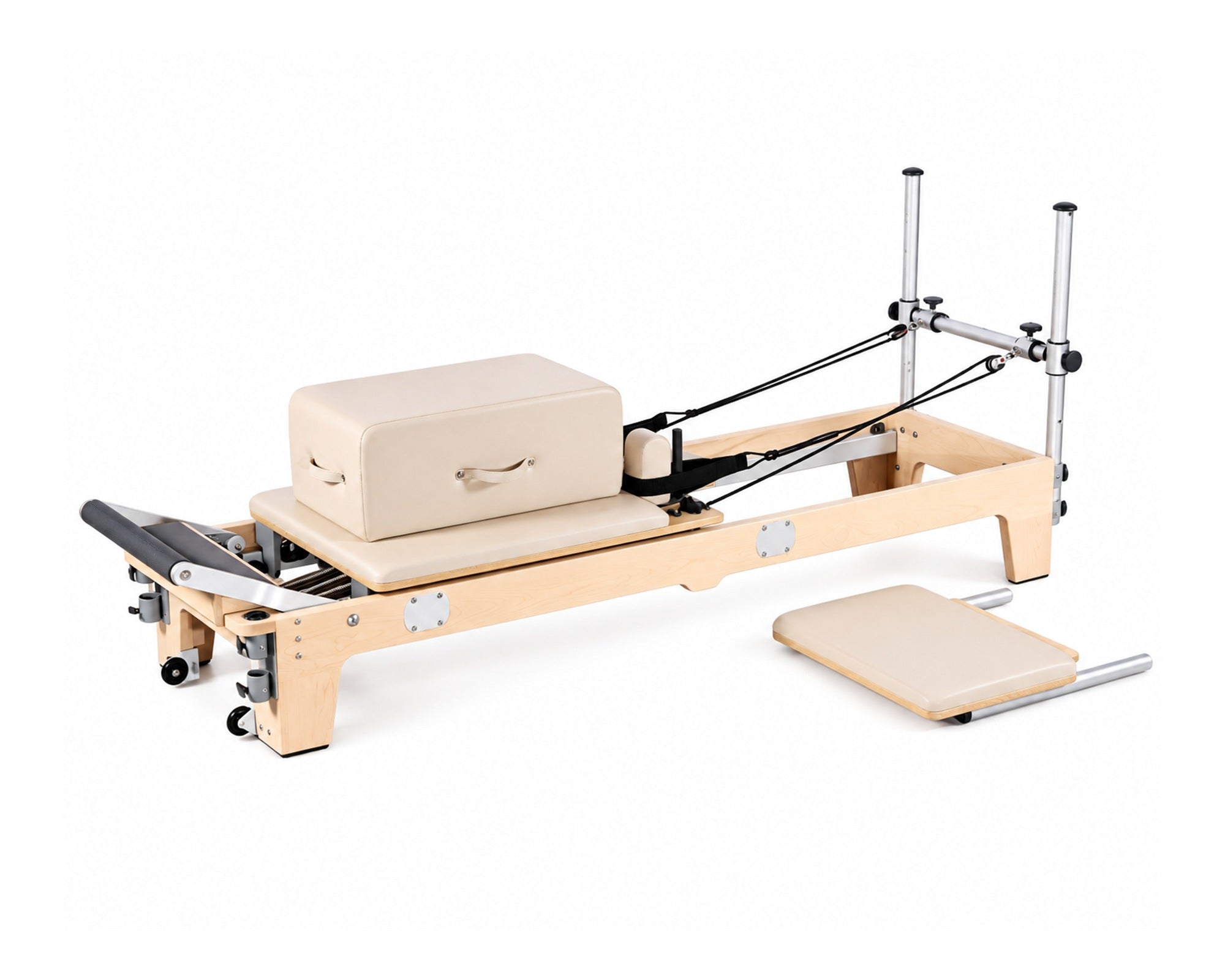 TMAX DZ1862 Canadian maple Pilates reformer with sitting box and jumpboard on white background