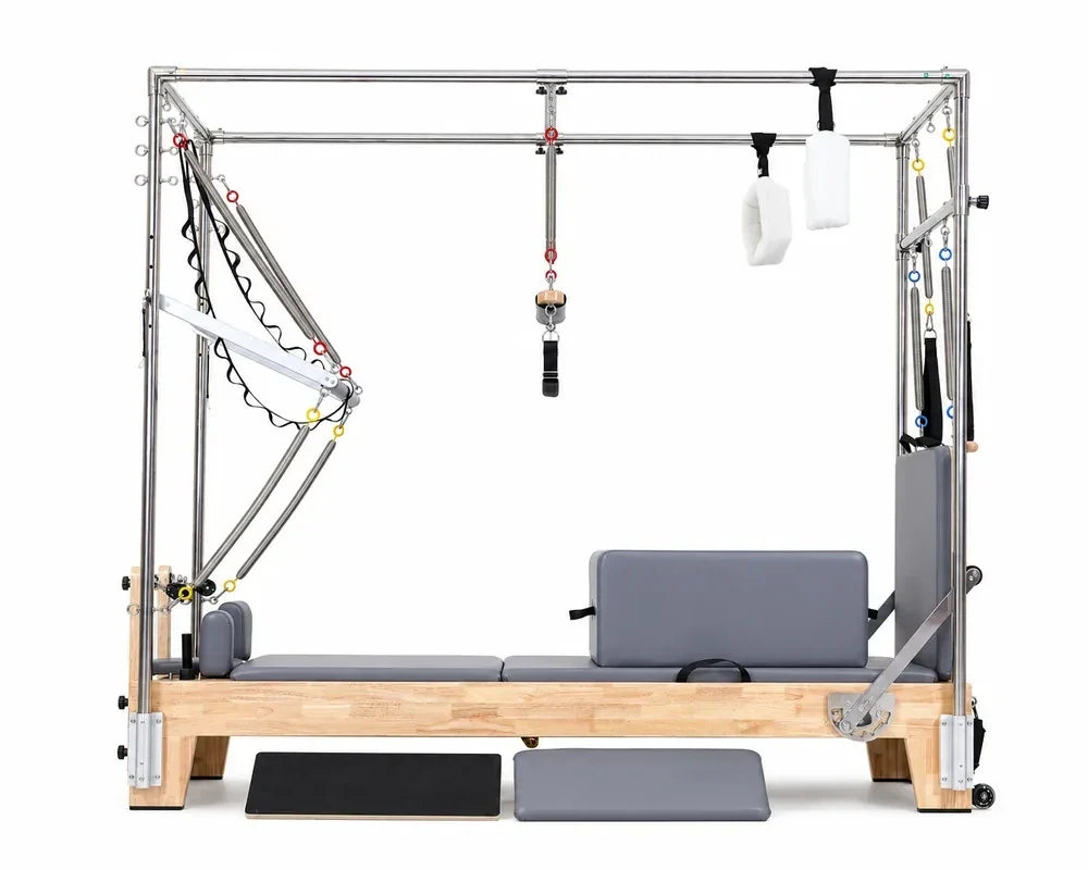 DZ132FT-1 commercial oak Pilates reformer with full tower, front view