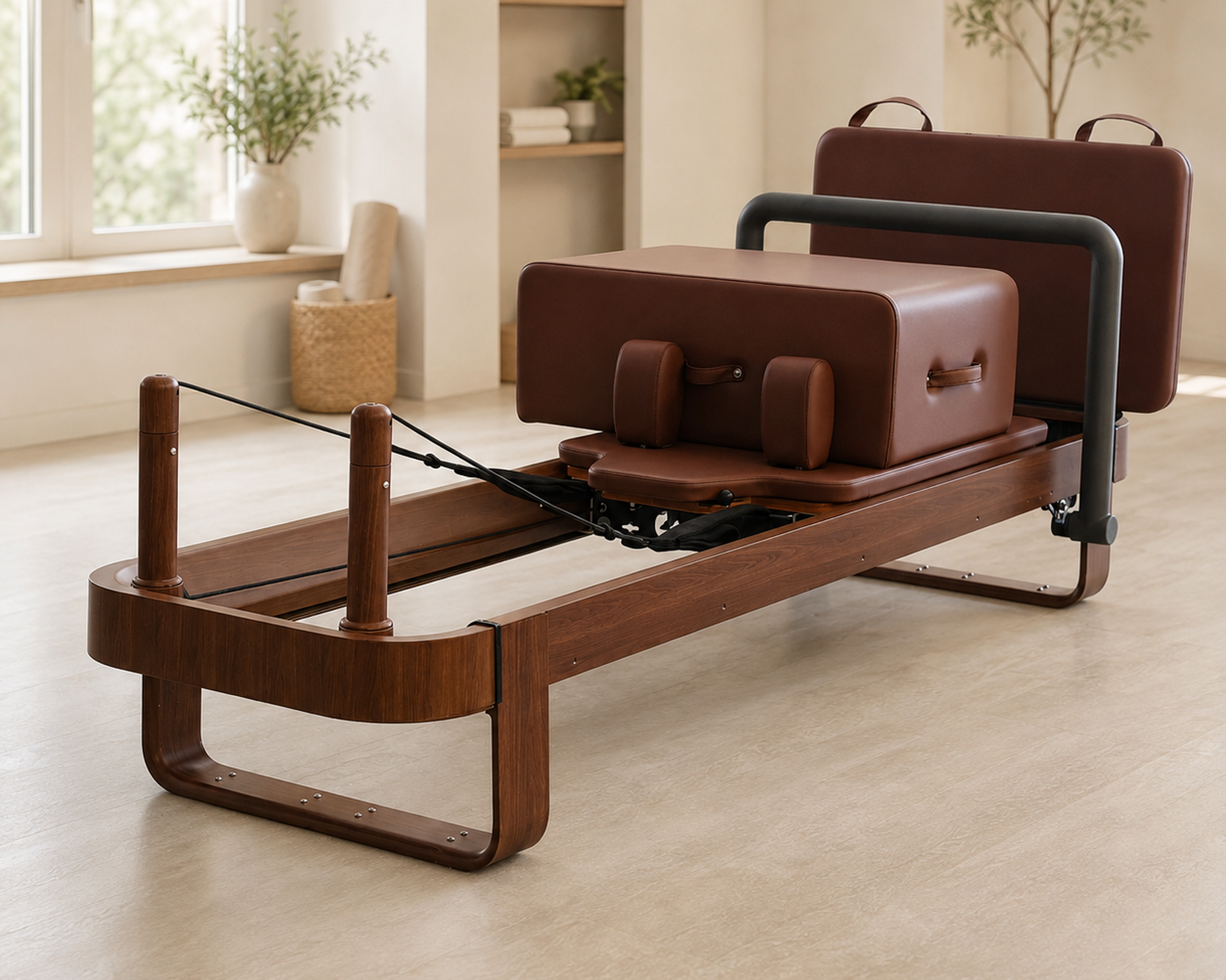 DZ165 aluminum full-track Pilates reformer with wood-grain frame