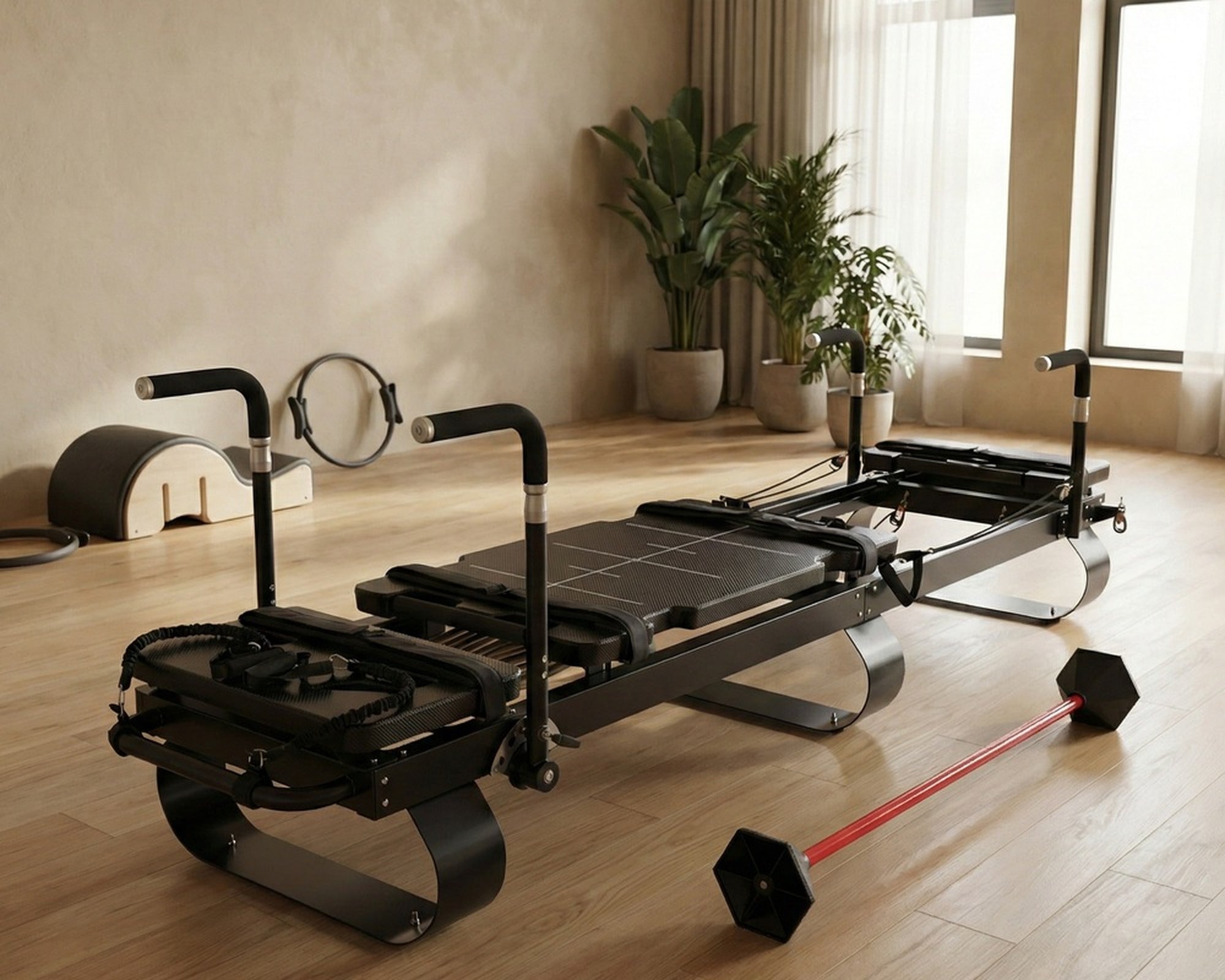 DZ175 Mega Reformer full studio view with adjustable handles and footbar