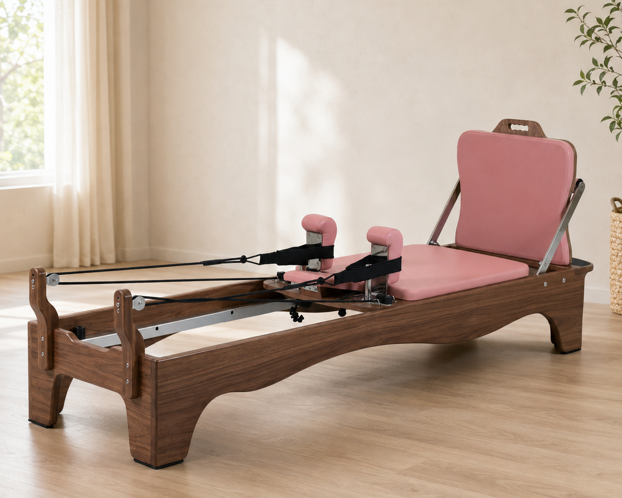 DZ184 Pilates reformer available with walnut wood frame